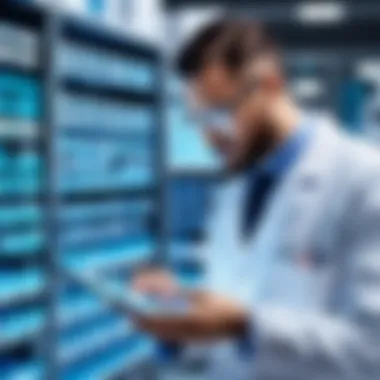Stock Level Analysis in Healthcare A healthcare professional analyzing stock levels in a medical supply inventory.