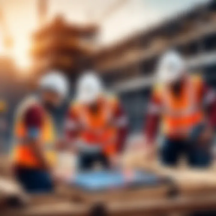 A construction site with workers utilizing tablets and mobile devices for onsite updates.