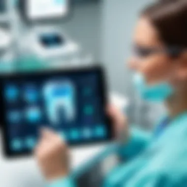 A dental professional using an iPad to access Dentrix in a clinical environment.