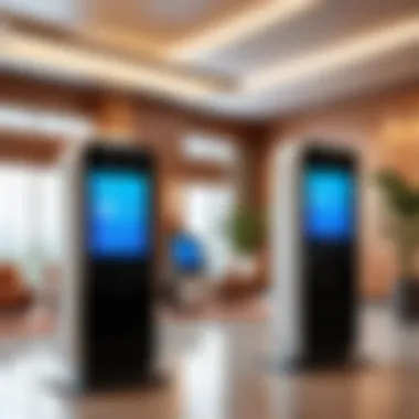 Modern hotel lobby with digital check-in kiosks